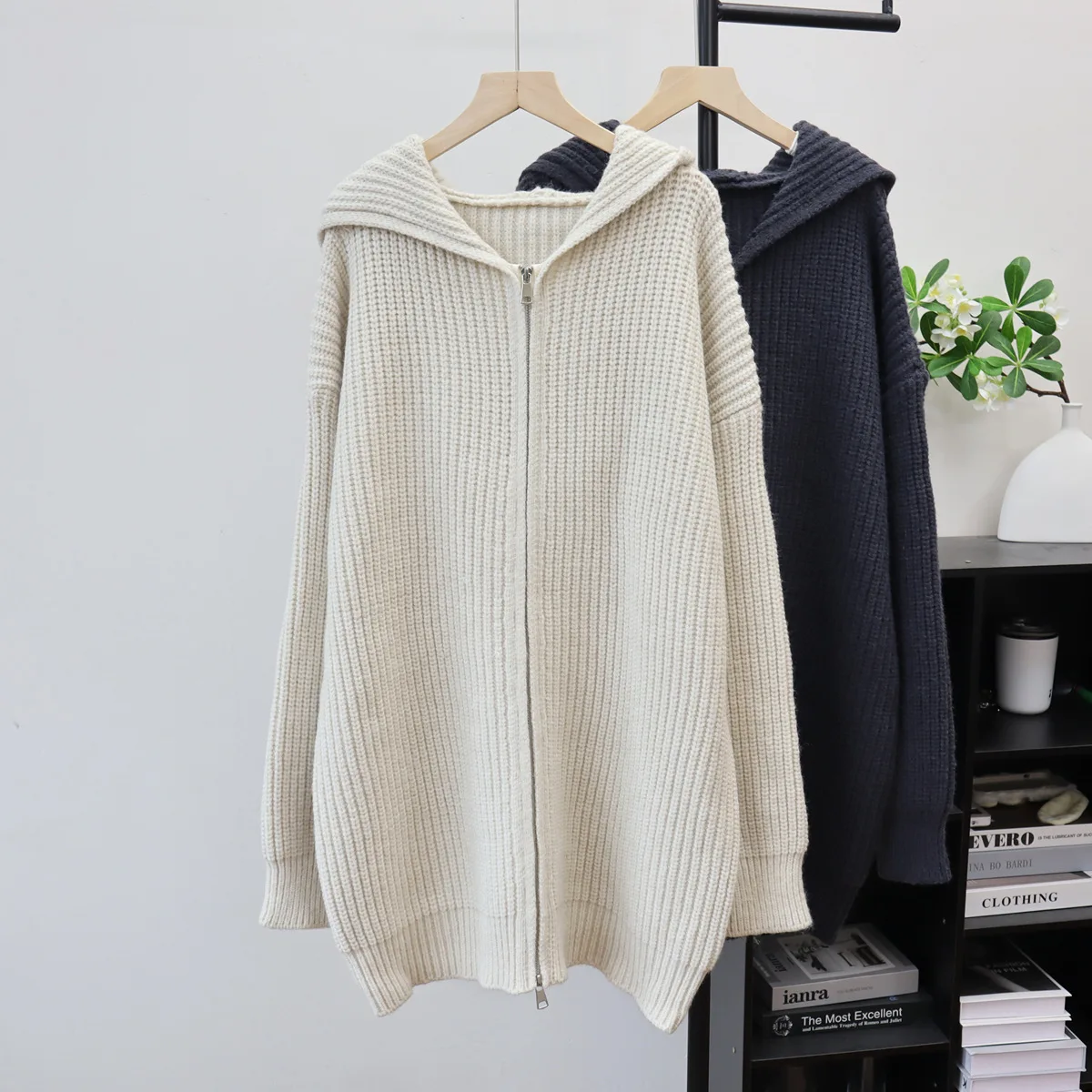 

Женский вязаный кардиган, свитера средней длины, джемперы с капюшоном, двойной молнией и длинными рукавами, свободные повседневные офисные женские туфли, осень-зима 2023 г.