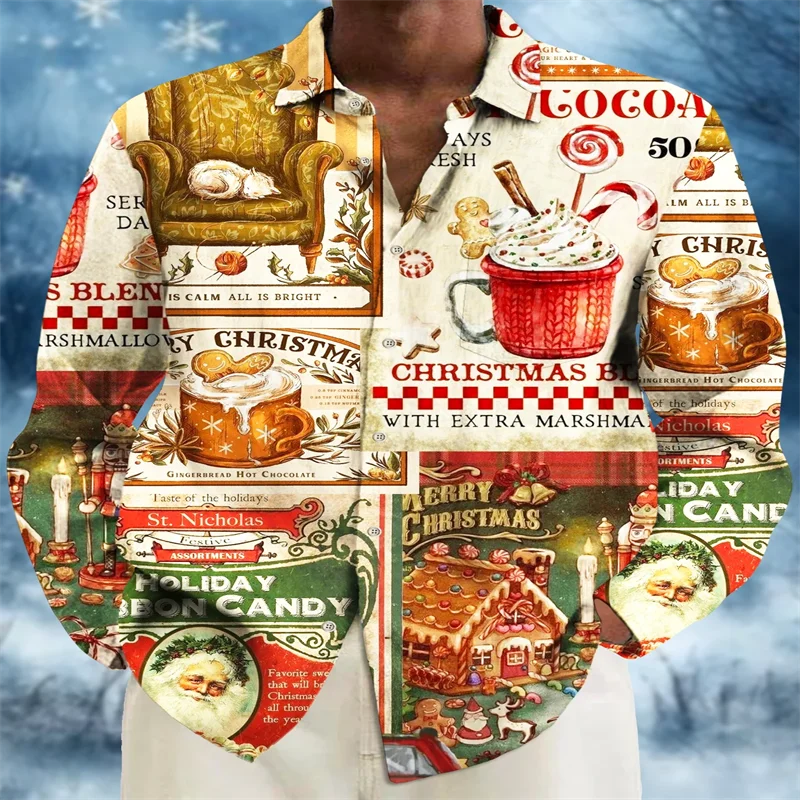 

2026 Christmas print men's button neck pocket long sleeved shirt big and high party family holiday