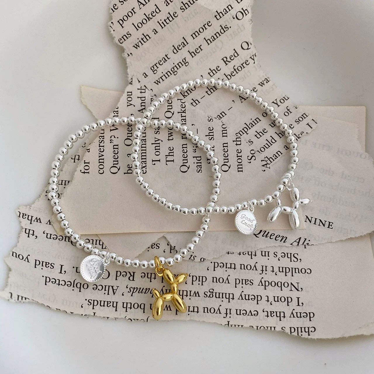 VENTFILLE Sterling Silver Fashion Elastic Rope Balloon Dog Bracelet Ladies Simple Letter Small Round Bead Jewelry Gift