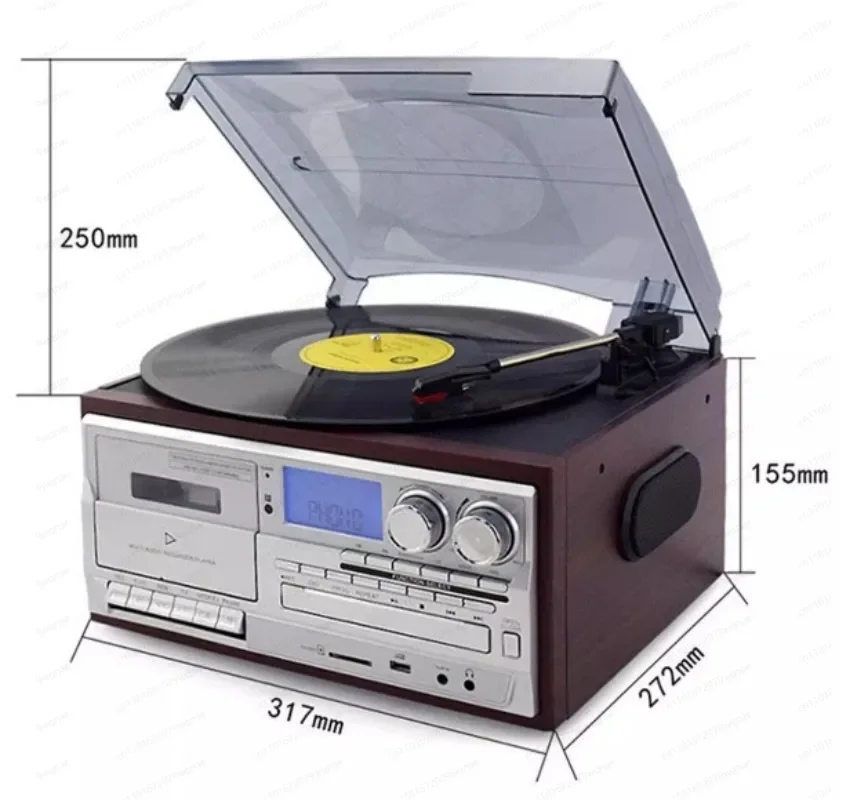Vintage Style Turntable, 3-Way Music Player (BT/CD/Tape) - Compact Retro Sound System for Home