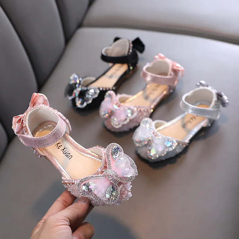 

School Girl Mary Janes Bowtie Bling Rhinestone Children Leather Shoes Causal Three Colors Kids Breathable Non-slip Flats Sandals