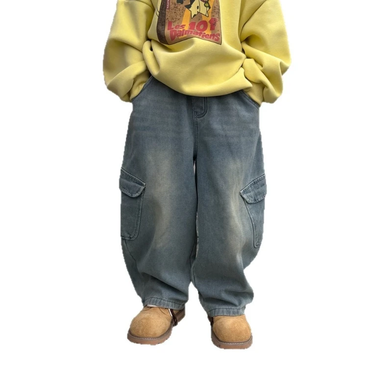 2025 Winter Children's Hot Selling New Collection with Velvet and Thick Pocket Denim Work Pants