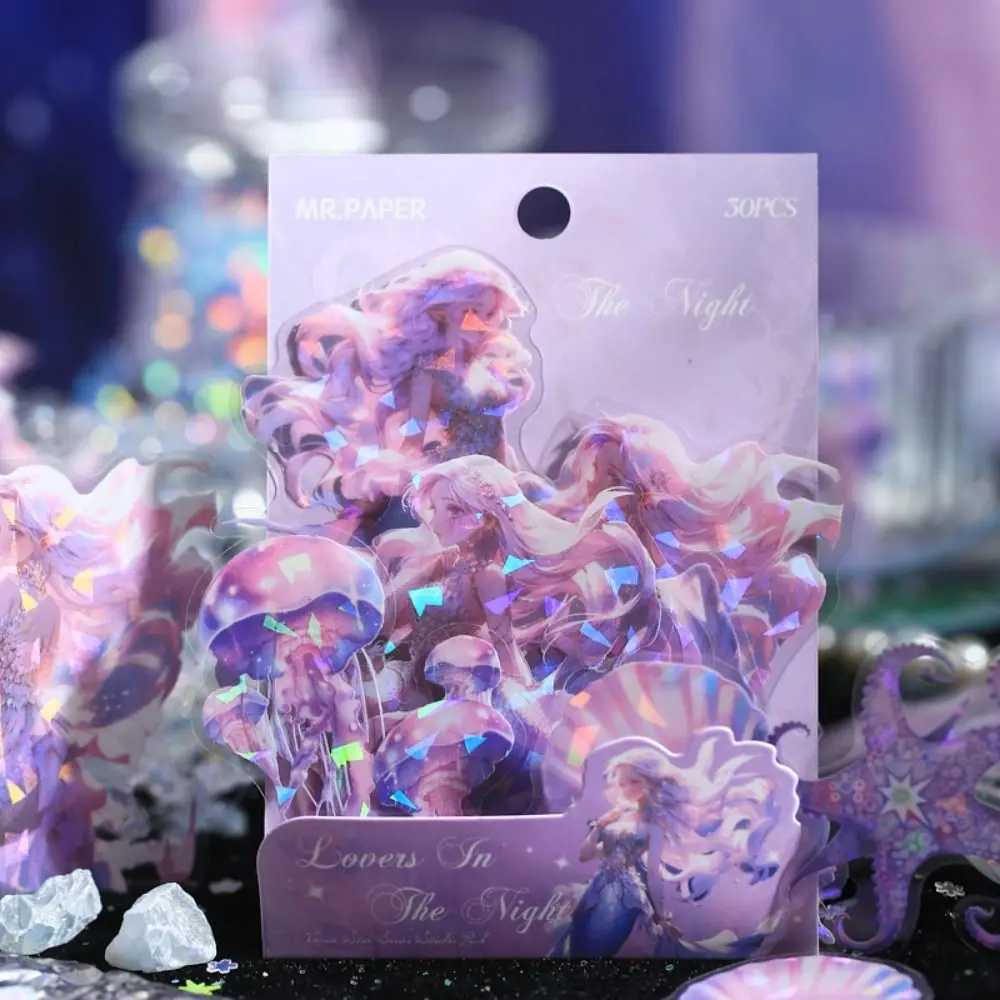 30pcs/bag Creative Dreamy Endless Ocean Sticker PVC Aesthetic DIY Material Sticker Sparkling Shiny Decorative Decals Album