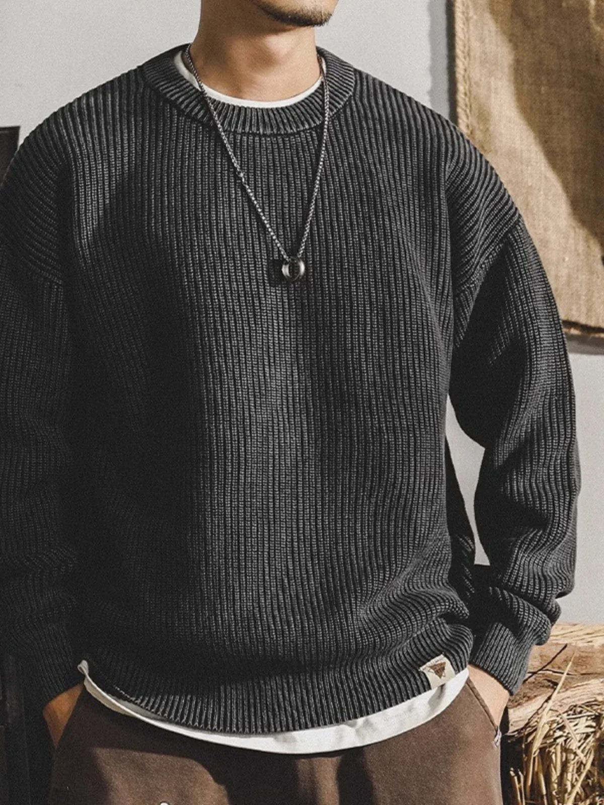 

Large Size American Workwear Sweater Men's Heavyweight Retro Autumn Winter Thi Needle Texture Trendy Loose Knitted irt