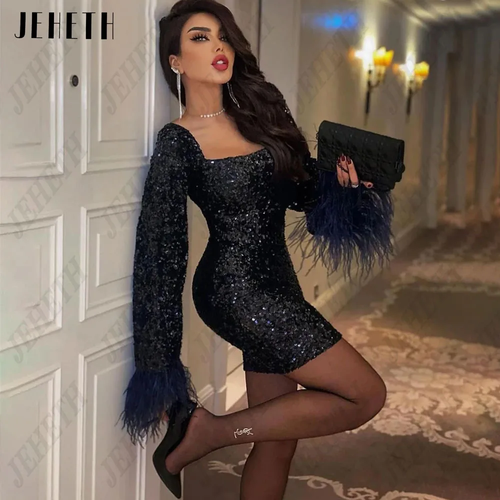 JEHETH Sequin Black Mini Cocktail Dresses Feature Square Collar Long Sleeves Party Dress Sexy Straight فساتين مناسبة رسمية