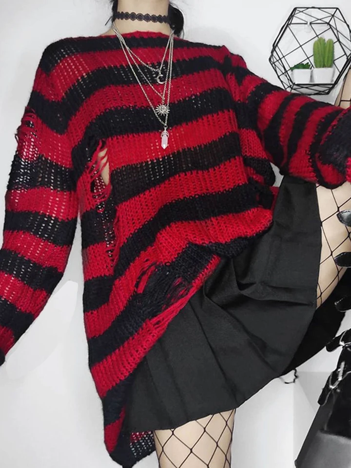 Karrcat Grunge Harajuku Striped Knit Sweater Women Y2K Streetwear