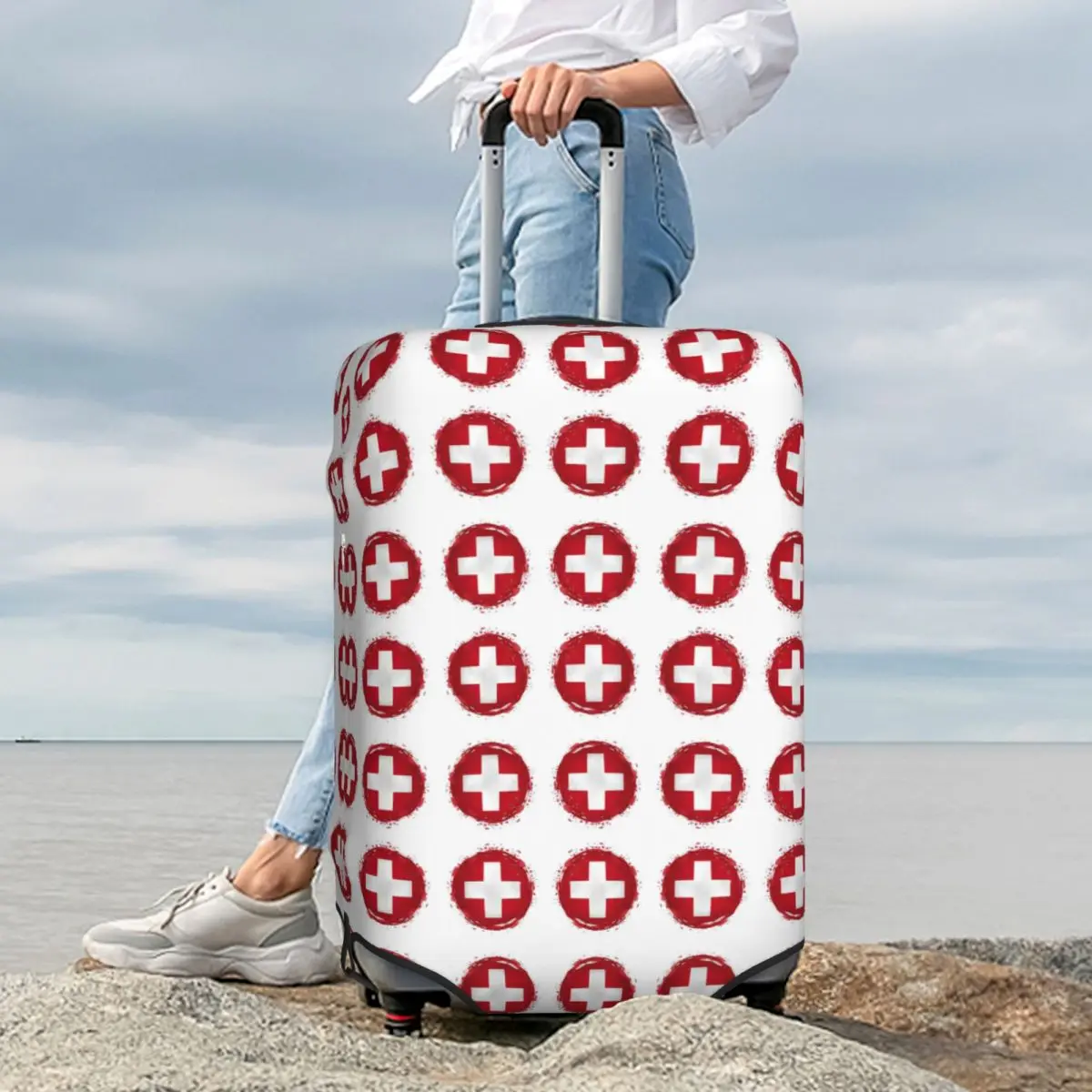 

Swiss Switzerland Flag Suitcase Cover Protection Elastic Travel Luggage Protector Covers for 18-32 Inch