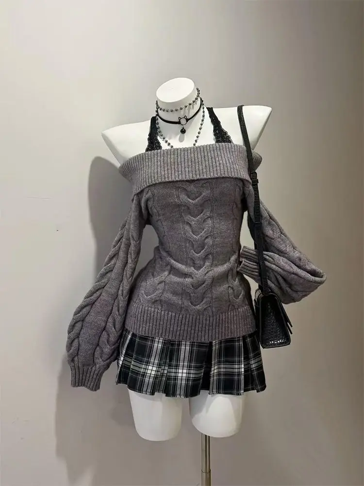 مثير قبالة الكتف سترة المرأة سليم متماسكة كم طويل الكورية الشارع الشهير شتاء دافئ البلوز موضة الاتجاه فتاة أنيقة جديدة #1