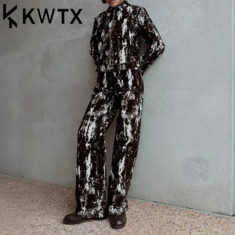 

KWTX 2025 Spring Summer Women's Animal Print Flocking Jacket & Pants Set Casual Two Piece Outfit Trendy Streetwear