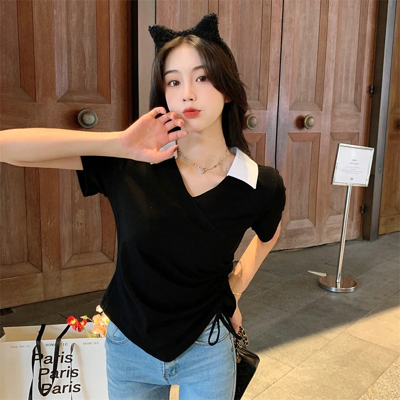 

Футболки с коротким рукавом, женские укороченные топы с v-образным вырезом, тонкий дизайн, базовая сексуальная нежная крутая уличная одежда, универсальные футболки для девочек Mujer