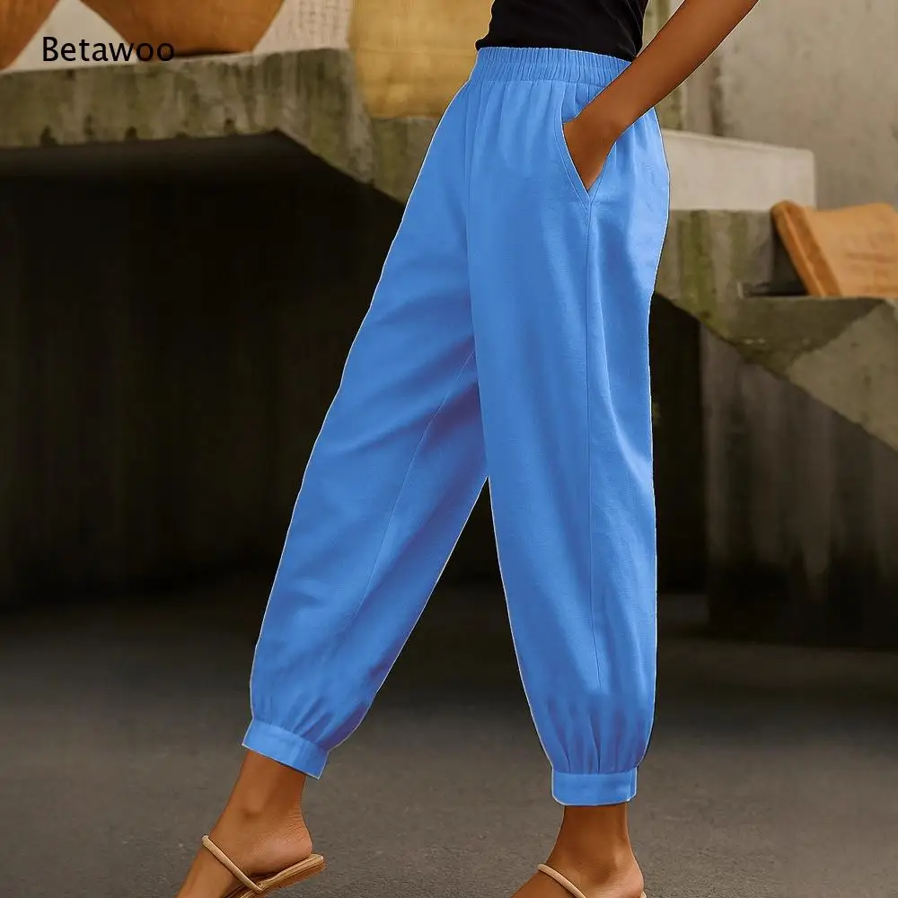 Women's High Waist Elastic Waistband Loose Fit Harem Pants with Cuffed Ankles Casual Solid Color Trousers for Summer Spring