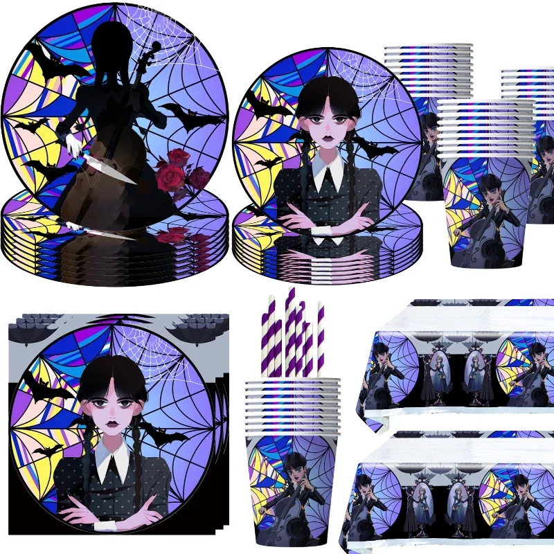 Cartoon Wednesday Addams Birthday Party Decoration Disposable Tableware Addams Party Baby Shower Supplies Customize Background