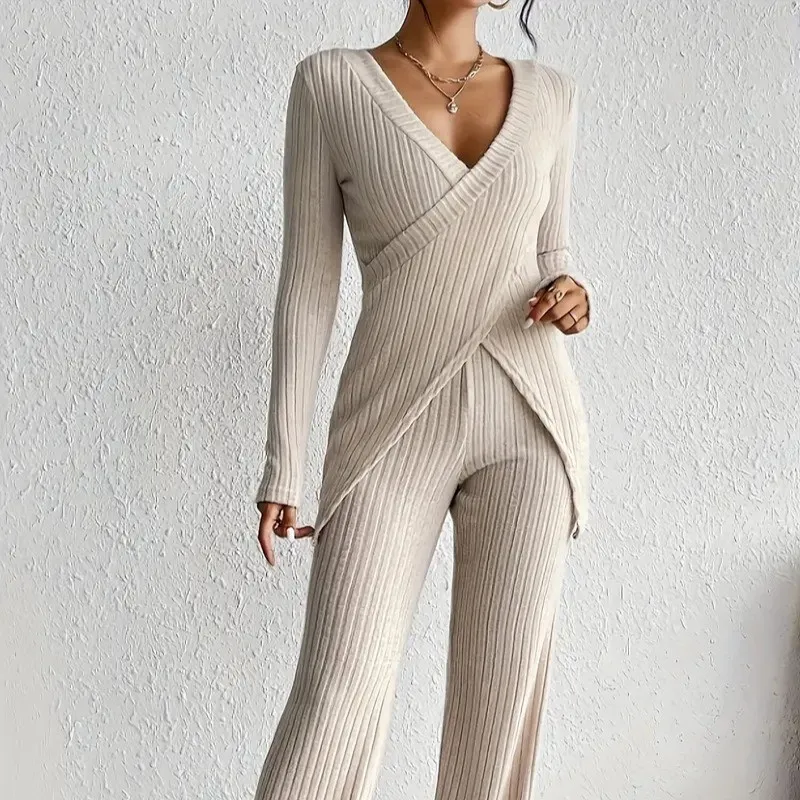 Temperament 2 Pieces Set For Woman Commuting Two Piece Outfits Homewear Pulls Femmes Home Clothing Long Sleeves Solid Color Slim