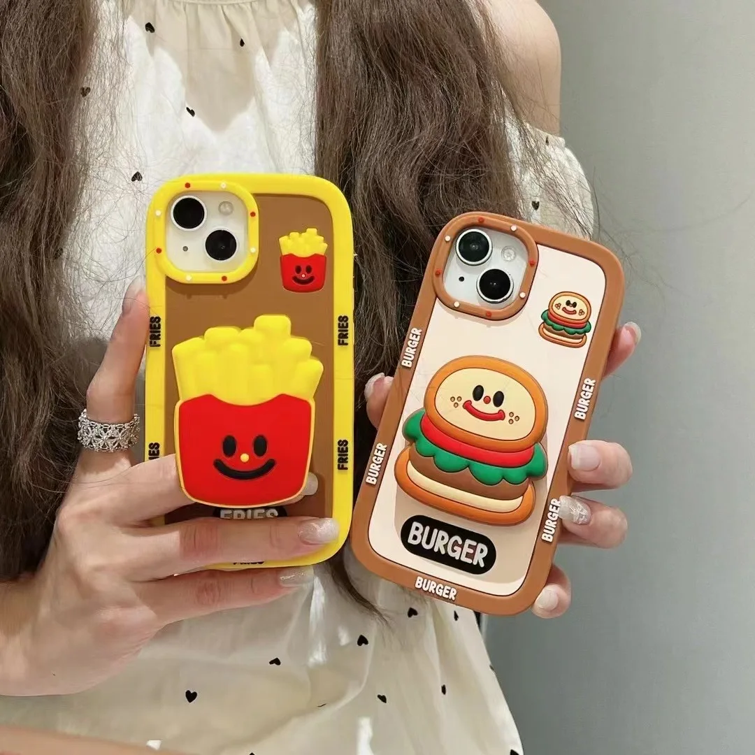 New 3D Cute Fries, Hamburger, Telescopic Bracket Phone Case For iPhone 11, 12, 13, 14, 15 Pro Max, Soft Silicone Case, Back Skin