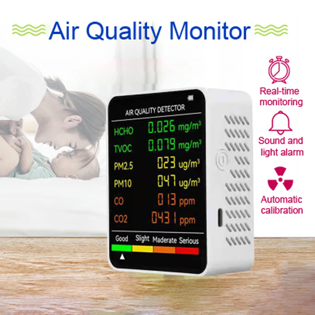 6 In 1 Multifunctional Air Quality Detector PM2.5 PM10 HCHO TVOC CO CO2 Formaldehyde Monitor LCD Display Home Air Quality Tester