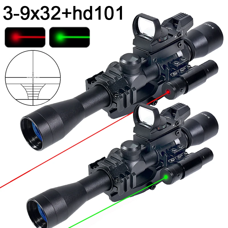 3-9x32 Tactical Cross Reticle Illuminated Optic HD Airsoft Sight with HD101 4 Grids Red Dot Sopce and Red/Green Laser Combo