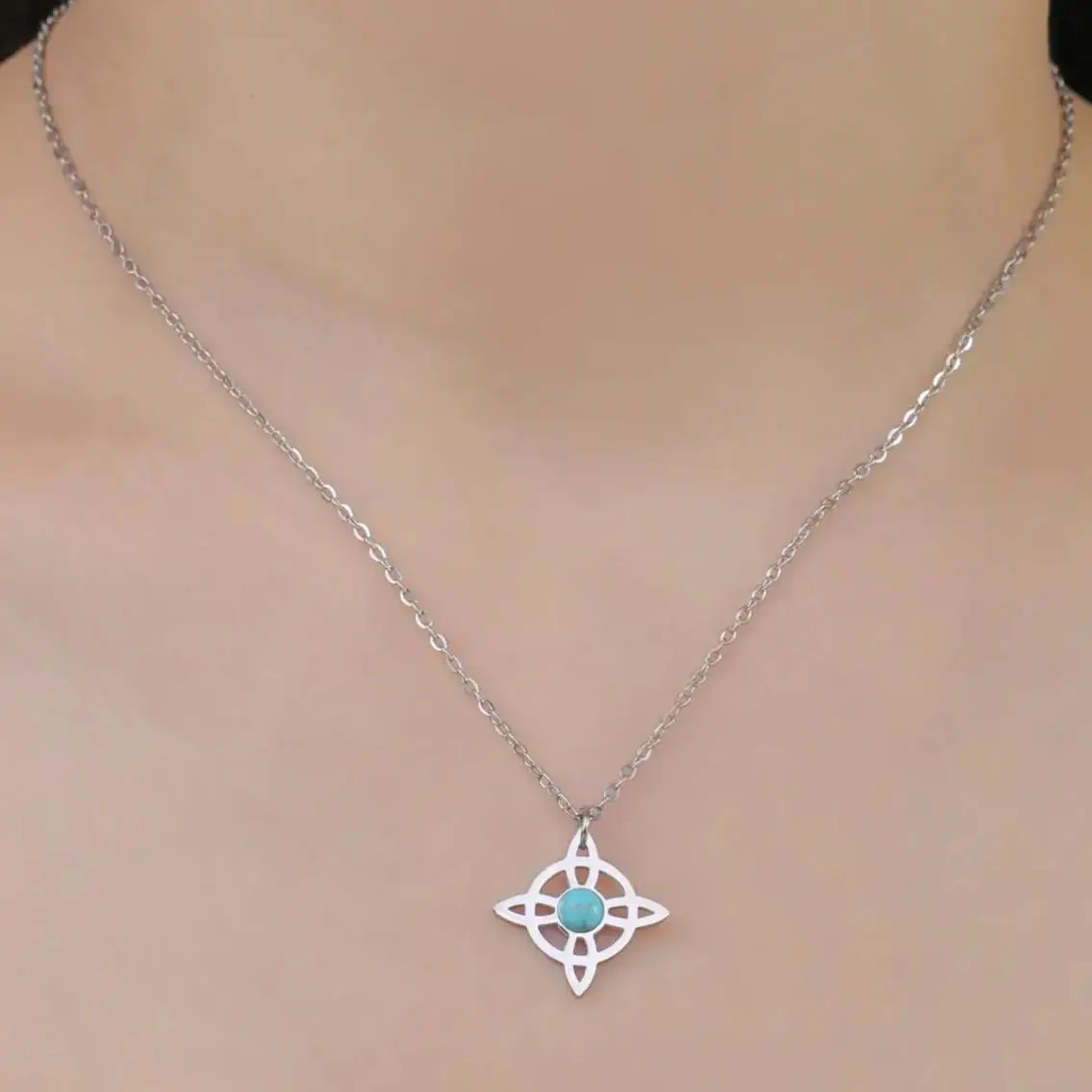 LIKGREAT Celtic Witches Knot Blue Stone Necklace for Women Girls Stainless Steel Crescent Moon Good Luck Amulet Pendant Jewelry image 3