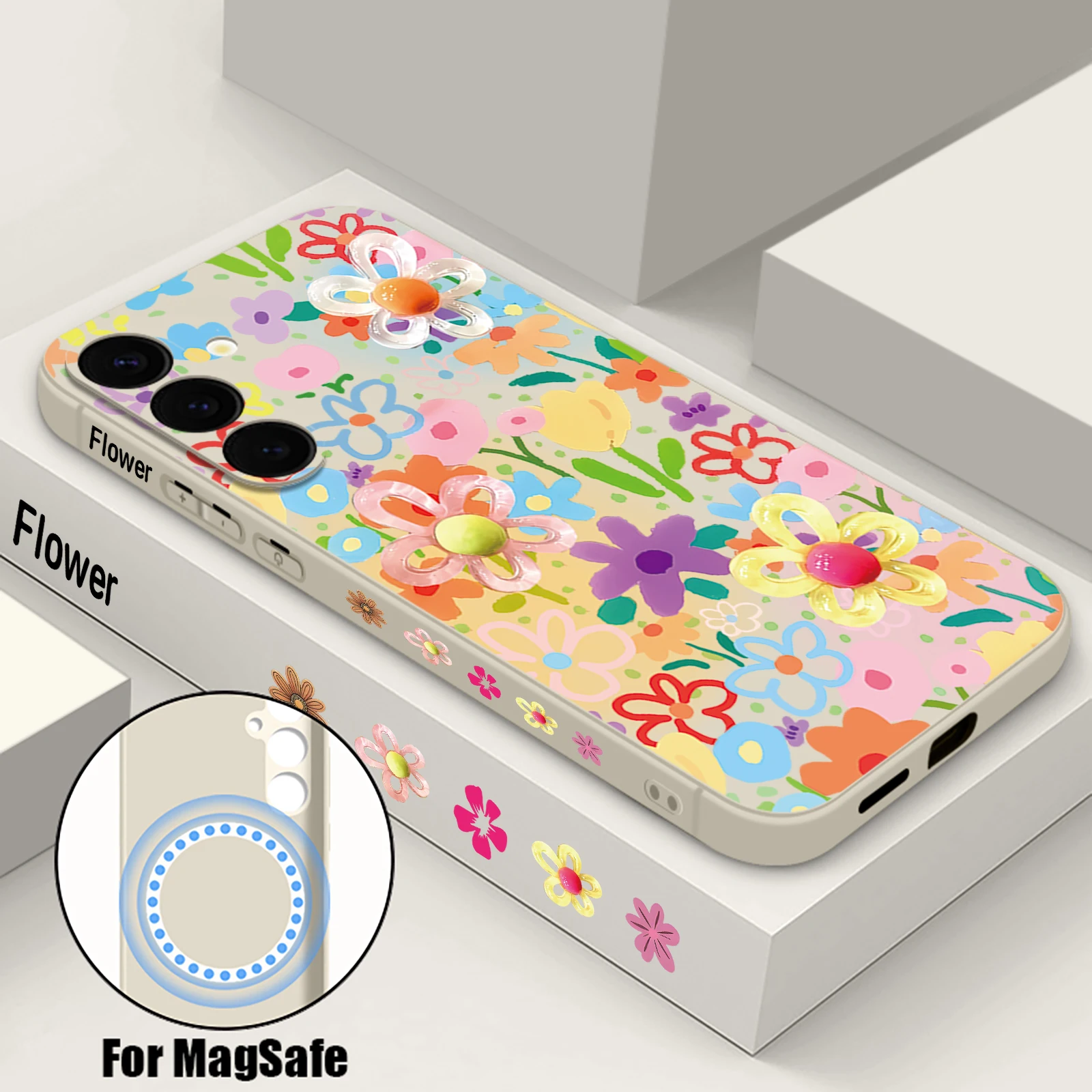 Blumenmuster Magnetische Handyhülle für Samsung Galaxy S25 S24 Ultra S23 S22 Plus S24 FE A17 A56 A55 A16 A15 A36 Weiche TPU-Abdeckung
