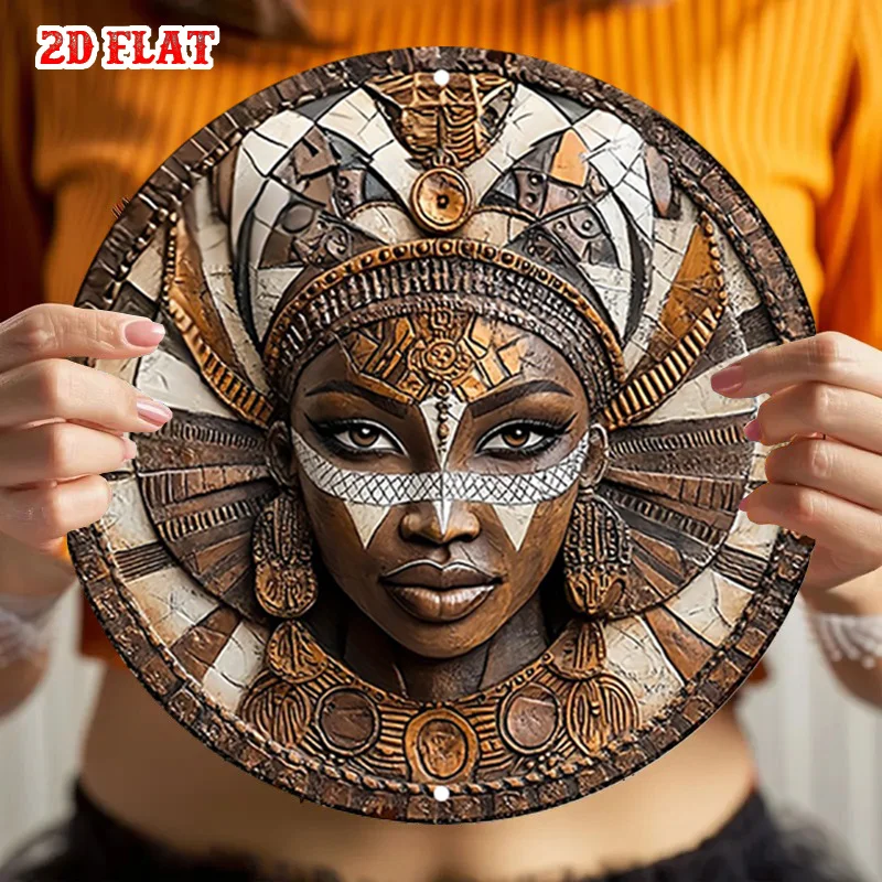 2D flat design, 1 African tribe designed round wooden signboard - Retro ethnic beauty woodworkzyc