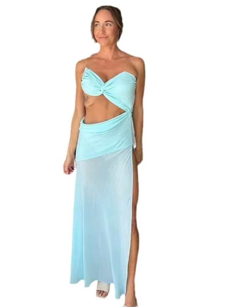 الصلبة اللون مثير السباغيتي حزام سليم شق فستان طويل المرأة الجوف خارج عارية الذراعين انظر من خلال أكمام فستان حفلة الشاطئ الصيف #6