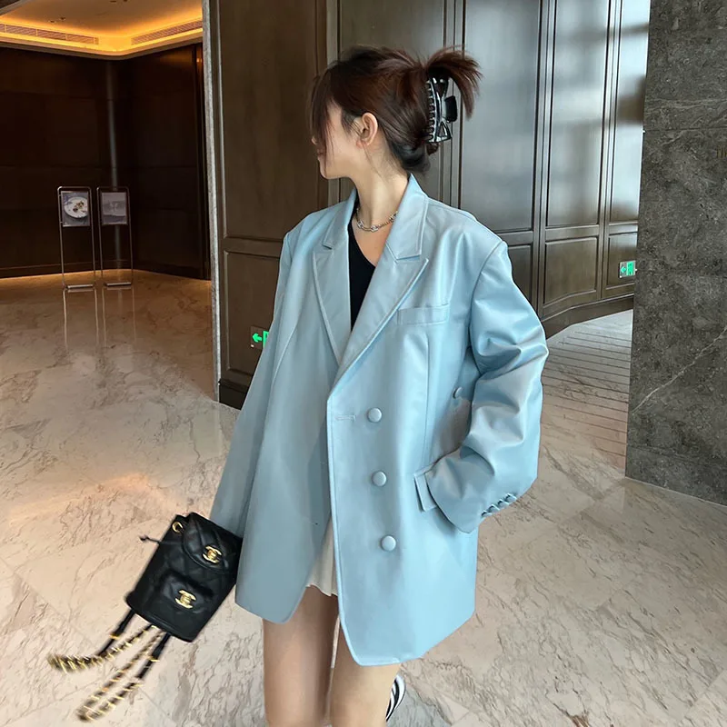 Coreano feminino casual macio azul faux couro terno jaqueta chique duplo breasted entalhado colarinho manga longa outono nova feminino blazers