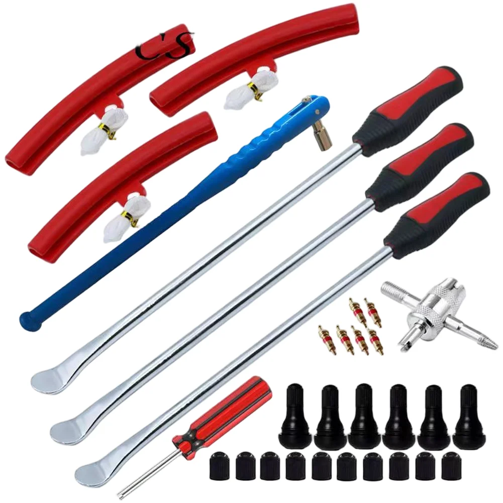 31 PCS Tire Repair Tool Set Featuring Steel Tire Irons Pry Bars Lever Bars and Valve Stem Tools for Motorcycles and Cars