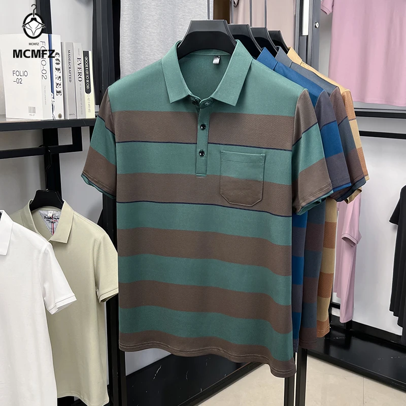 Outdoor Leisure Male Lapel Polo T Shirt Thick Wide Horizontal Stripe Breathable Sweat Wicking Lightweight Plain Short Sleeve Tee