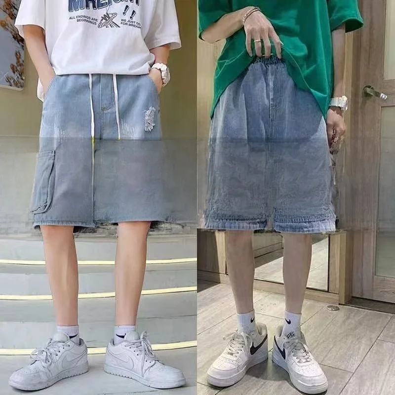 

Loose Fit Men's Denim orts Five keted Ripped Retro Waist Workwear Trousers Youth Trend Summer Cotton Blend Jeans orts