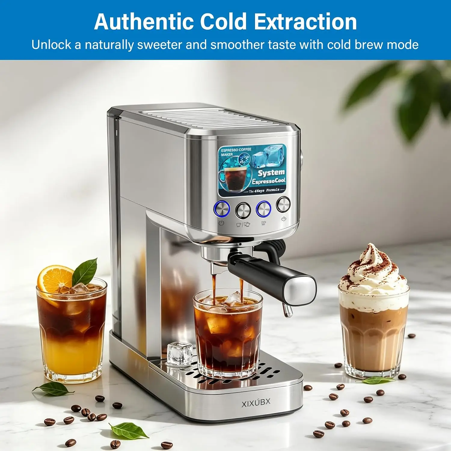 Cold Brew Espresso Maker with Steam Wand for Home & Office | Precise Pressure Gauge, 20 Bar Pump, 42 oz Water Tank, Milk