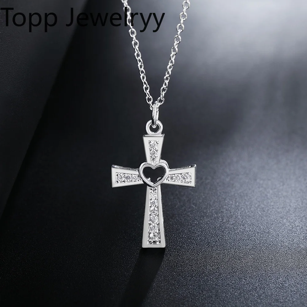 Promotions 45cm 925 sterling silver Beautiful fashion Elegant charm Crystal cross pendant CZ Zircon pretty Necklace jewelry