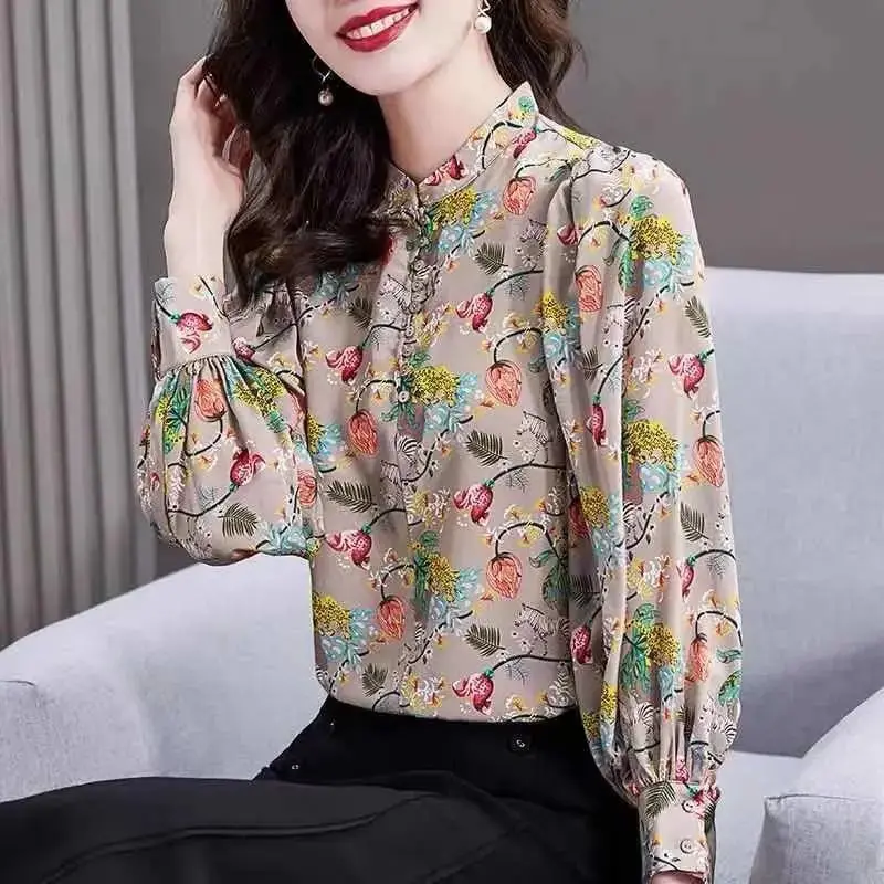 Women Clothes Vintage Floral Print Stand Collar Shirts Spring Autumn Fashion Elegant Blouses Casual Long Sleeve Loose Tops Blusa