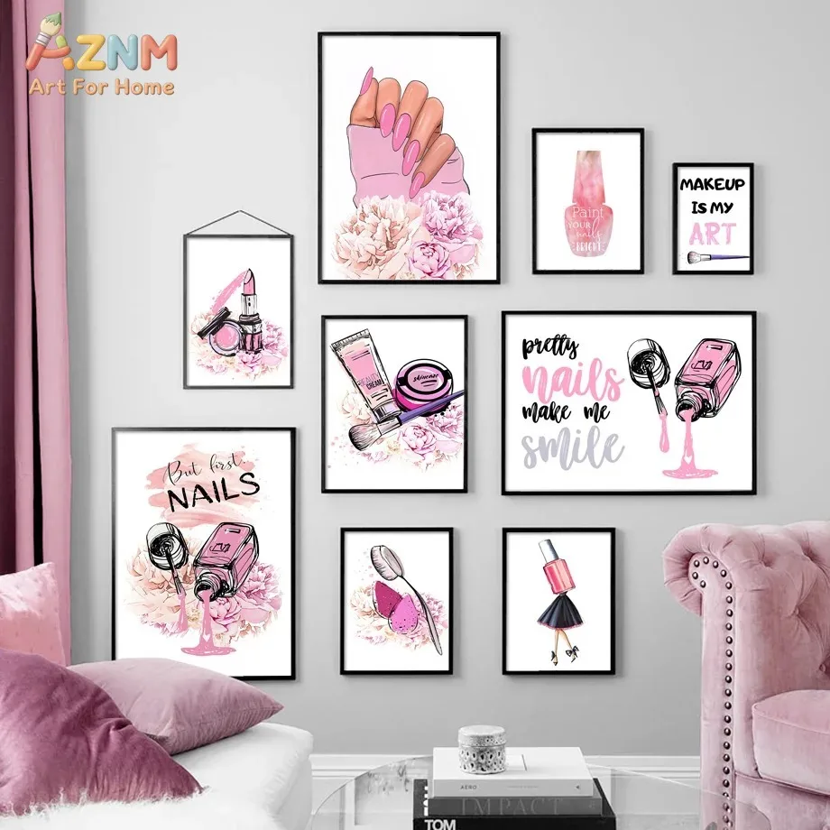 AZNM Pink Nail Makeup Canvas Wall Art, Modern Fashion Beauty Quote Print Poster, Unframed Pretty Nails Make Me Smile Cosmetic Il