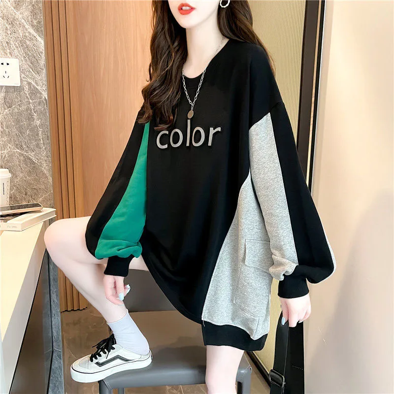 New Spring and Autumn Fashion Korean Edition Panel Contrast Plaid Round Neck Short Loose Versatile Foreigner Long Sleeve Sweater