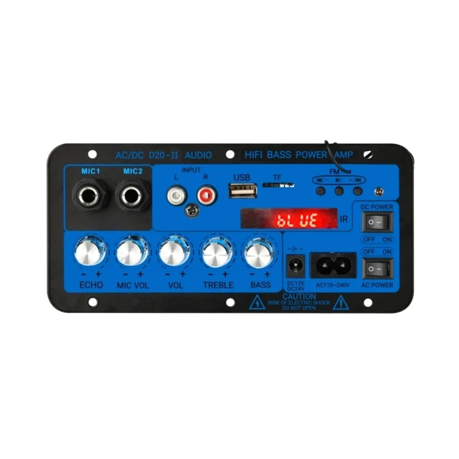 

D20-II Домашний усилитель с одним выходом для Bluetooth-радиодисплея 50 Вт Мощность USB TF Двойной микрофонный вход Пульт дистанционного управления DC12V/24V 50W