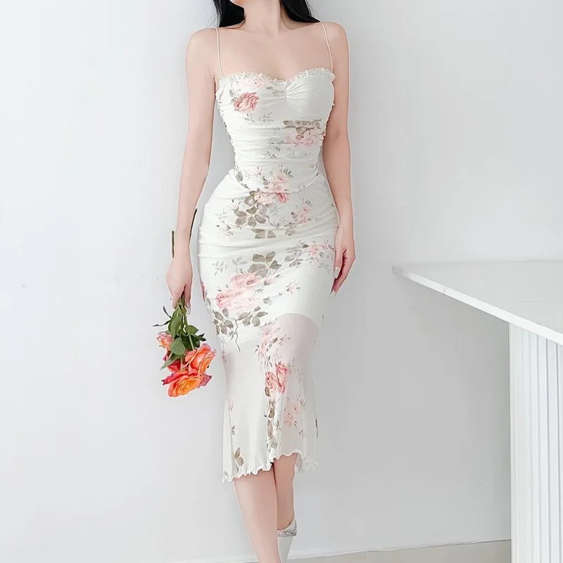 

Pure Desire Sexy Dress With Mesh Print, Backless Tight Suspender, Hip Hugging Long Skirt