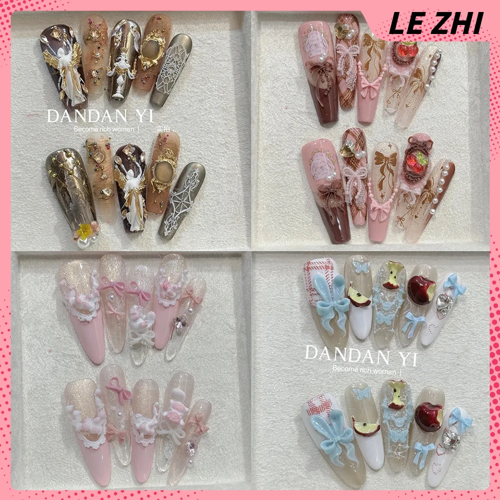 

Girlish Heart Cute Long Coffin Stiletto Handmade Fake Nail Bowknot Pearl Diamond Flower Cat Eyes Apple Strawberry Press On Nails