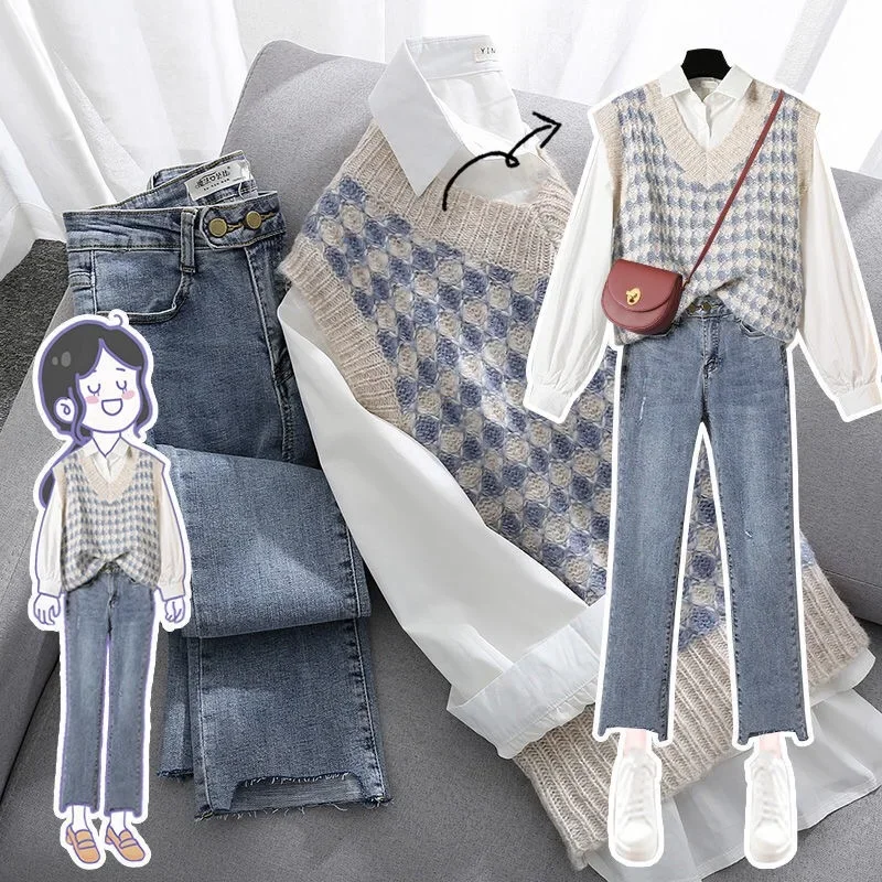 Women\'s Spring Autumn Fashion 3 Pieces Outfits Student Korean Casual Shirts+Sweater Vest+Straight Jeans Set Lady Streetwear N259