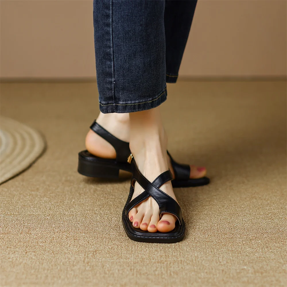 RIZABINA Real Leather Women Sandals Fashion Buckle Strap Chunky Heel Summer Roman Shoes New Casual Party Outdoor Beach Footwear