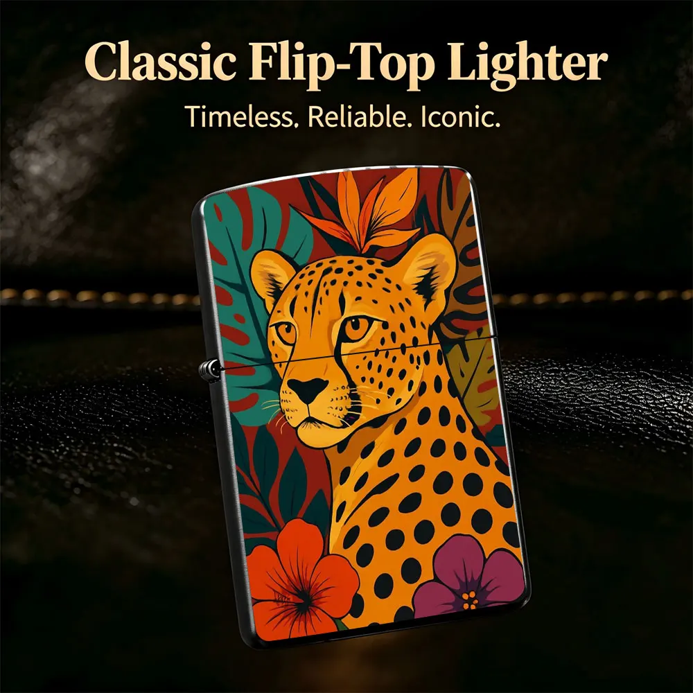Pocket Lighter, Flip-Top Windproof Design, Metal Case, Leopard with Flower Print, Comfortable Grip, Portable & Durable, Creative Gift