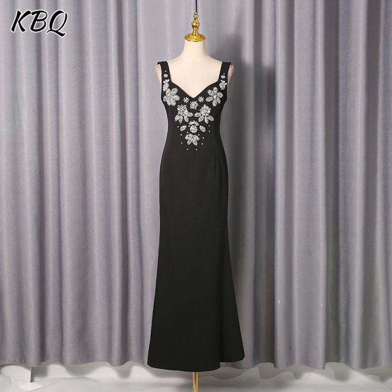

KBQ однотонные платья с открытой спиной и бисером для женщин, элегантное длинное платье без рукавов с v-образным вырезом и высокой талией, женское
