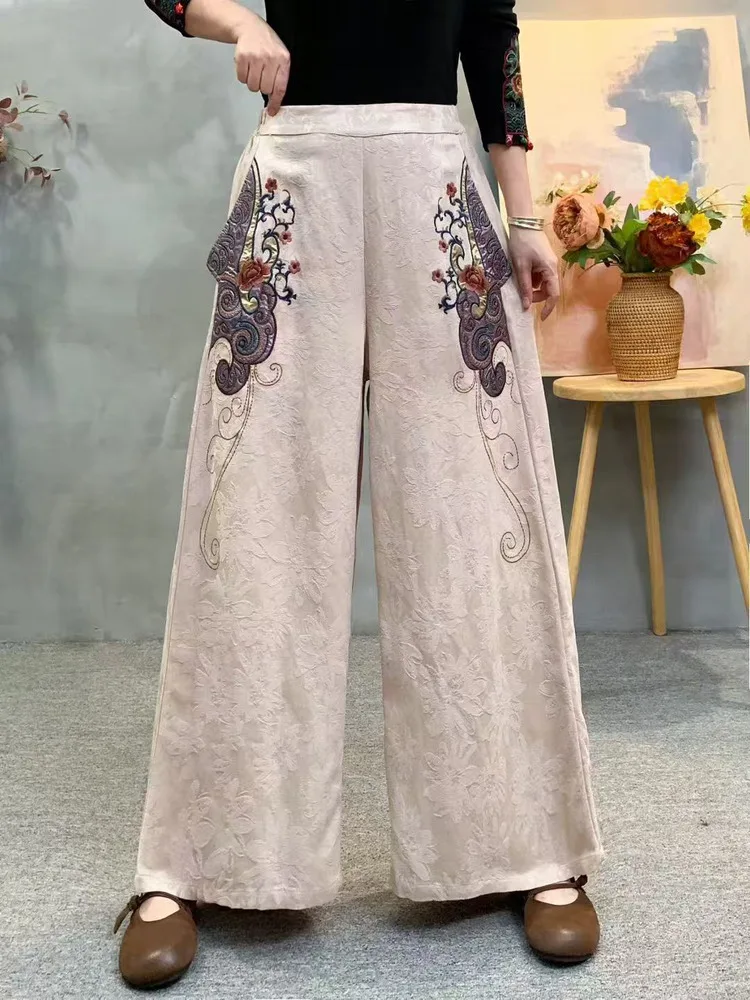 Ele Embroidered Wide Leg Pants Women's High Waist Cotton Floral Patterned Slimming Straight Cut Trousers Retro Sle