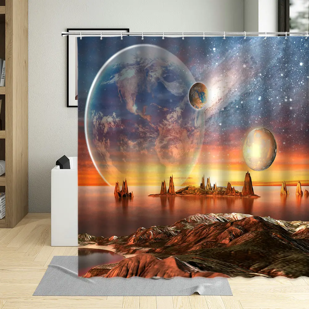 

Dream Starry Sky Universe Space Shower Curtain Set Planet Rock Sunset Sea Surface Landscape Bathroom Polyester Cloth Curtains