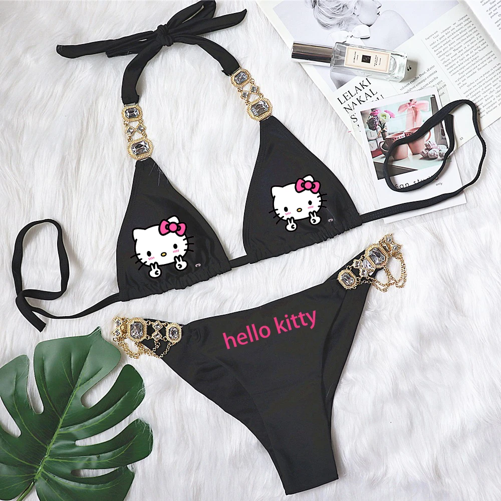 Y2K Hello Kitty Anime Bikini Swimsuit Paste Diamonds Sanrioed Kawaii Bra for Women Sexy Hot Girl Hanging Neck Lace Up Cartoon