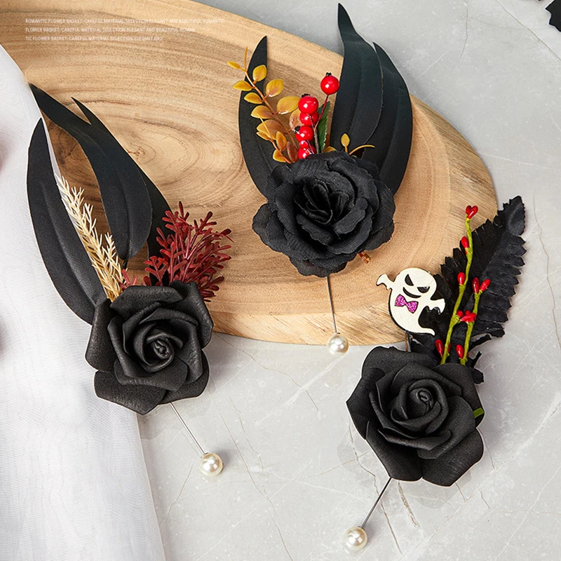 Halloween Black Feather Brooch for Woemn Fabric Rose Brooches Men Suit Collar Lapel Pin Brooches Halloween Party Jewelry Gift