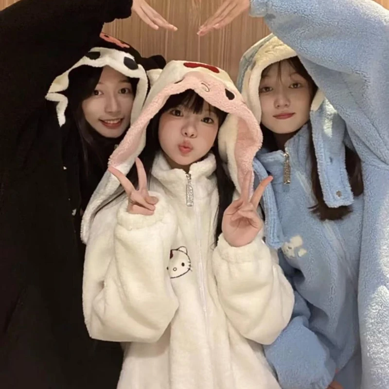 Sherpa Cartoon Sweatshirt Hellokitty Kuromi Cinnamoroll Christmas Jacket Sanrioed Winter Warm Kawaii Bestie Couple Outfit