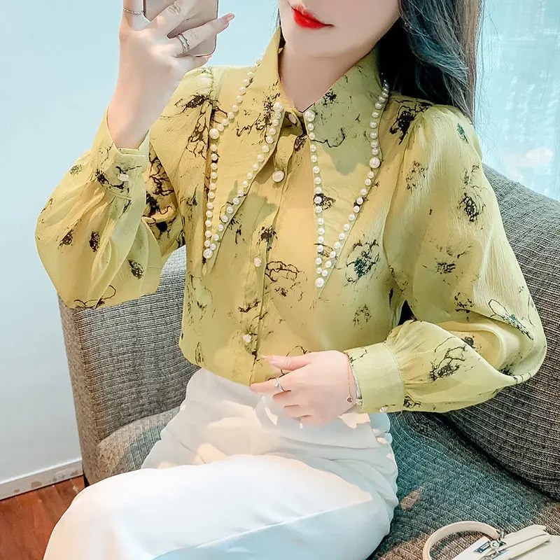 Fashion Printing Spliced Button Beading Shirts Women\'s Clothing 2023 Autumn Winter New Loose All-match Tops Korean Blouses