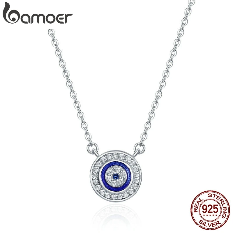 BAMOER Hot Sale 100% 925 Sterling Silver Blue Lucky Eye Guardian Eye Pendant Necklace for Women Clear CZ Fine Jewelry SCN165