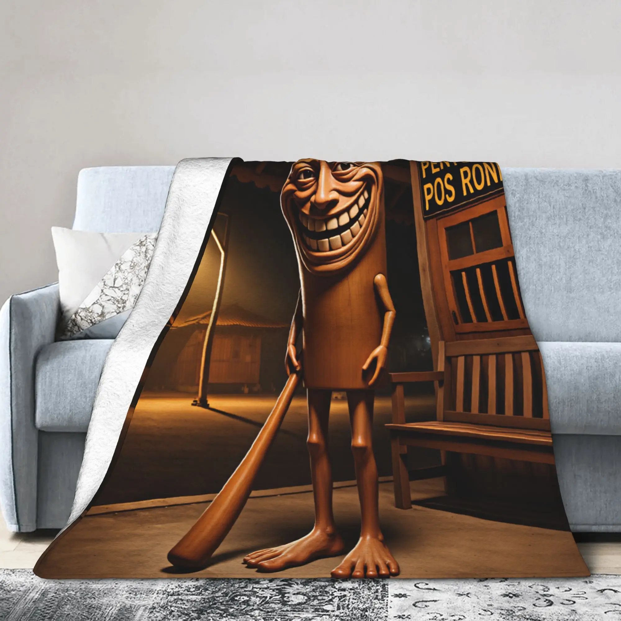 Cozy Throw Blanket Picnic Tung Grin Wooden Character Night Station Bat Blanket Flannel Bedspread For Couch Chair Sofa Bed Cover