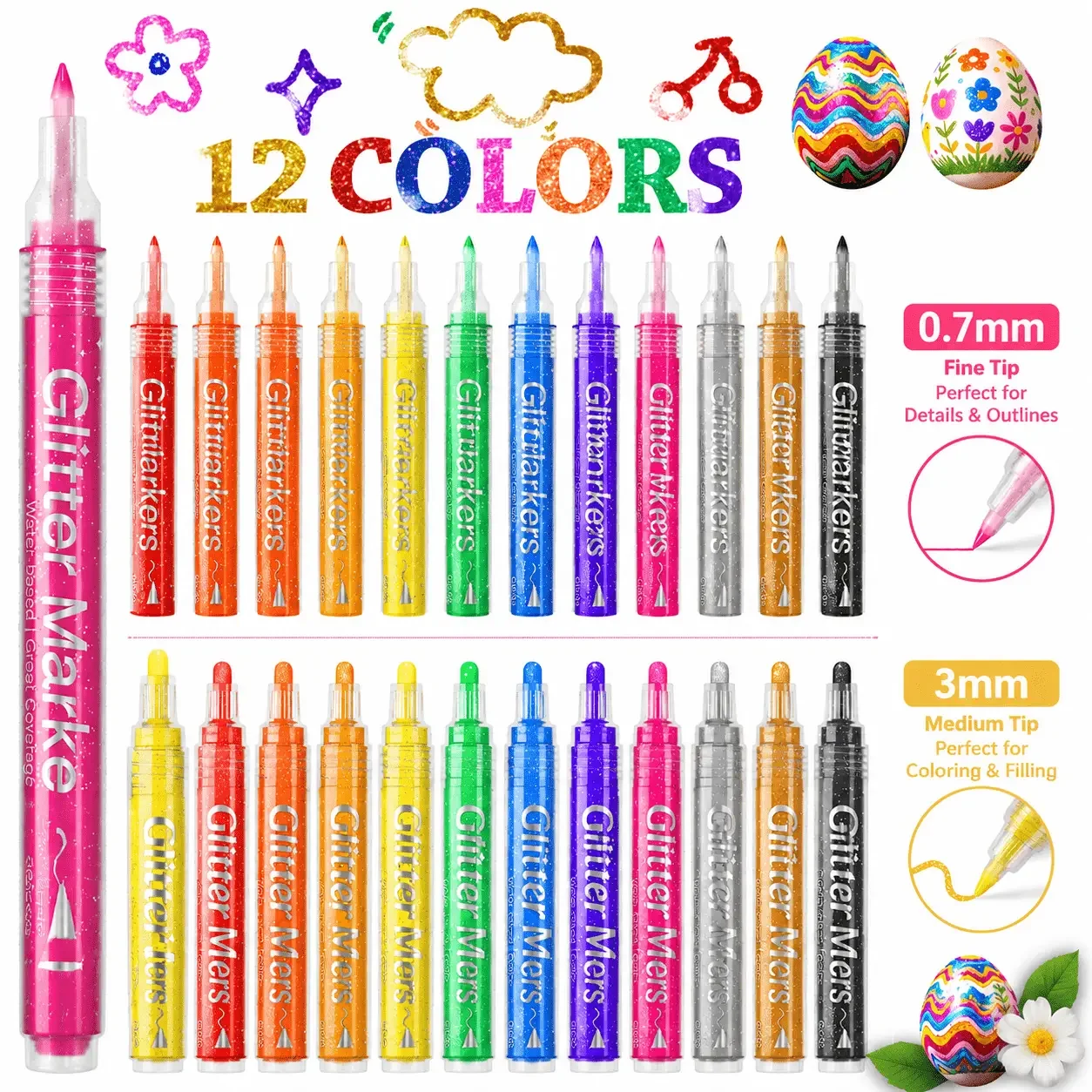 Flysea 12-Color Glitter Markers, Acrylic Paint Pens, Available with 0.7mm Ultra-Fine Tip and 3mm Medium Tip, Water-Based Glitter Ink Markers, Suitable for DIY Crafts, Painting, Scrapbooking, and Card Making, Can Be Used on Paper, Glass, Wood, and Stone