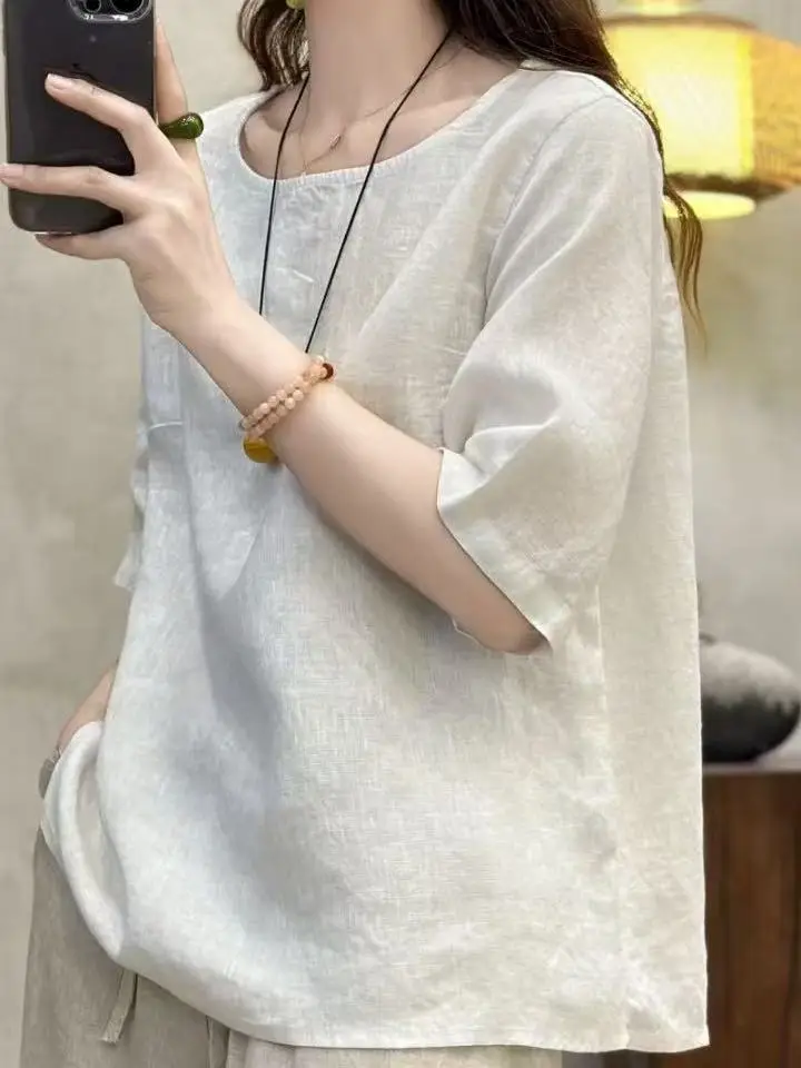 リネン オルト スヴェ ティルト ピュアカラー ウィーブ ルーズ スリミング トップ レディース アーティスティック シン イルト 通勤 スレ ラウンド ネ レギュラー L...